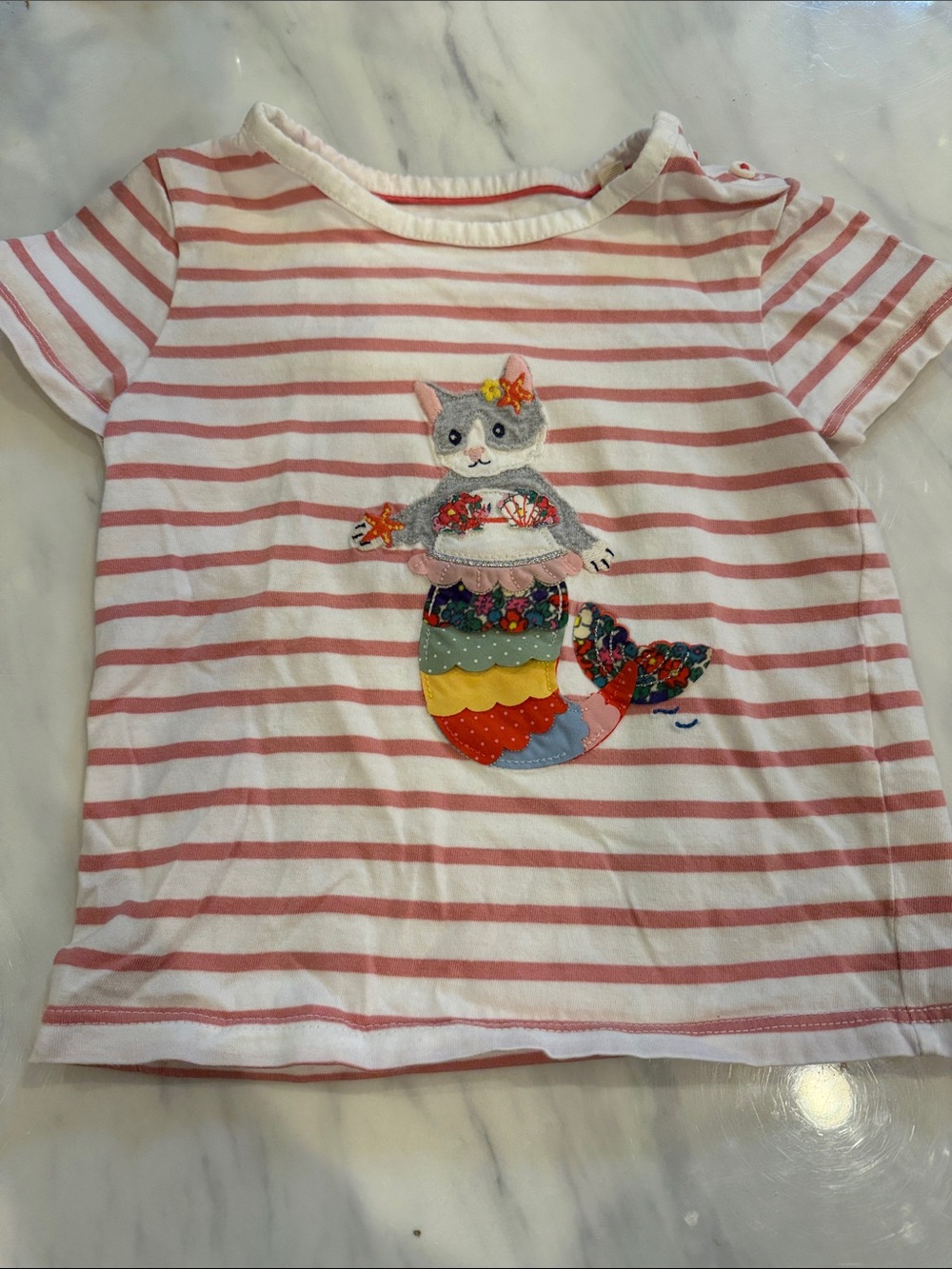 Mini-Boden pink and white striped cat mermaid t-shirt sz 2-3 years GUC